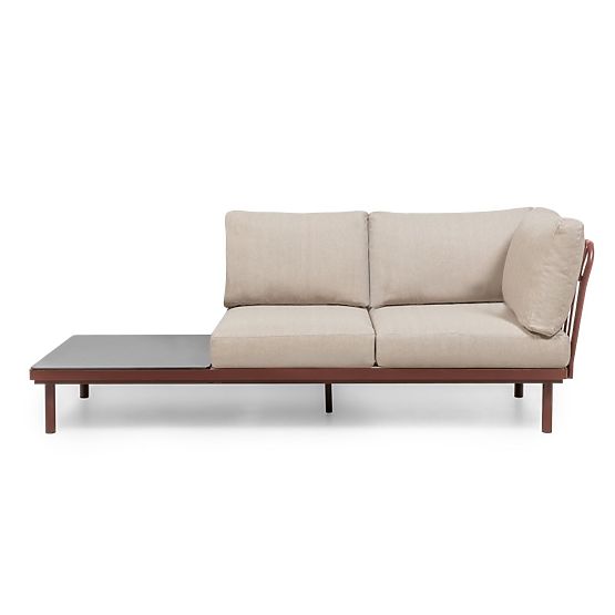 Garten-Ecksofa mit Tisch Amarello, Aluminium, Geflecht, hellbeige/bordeauxbraun