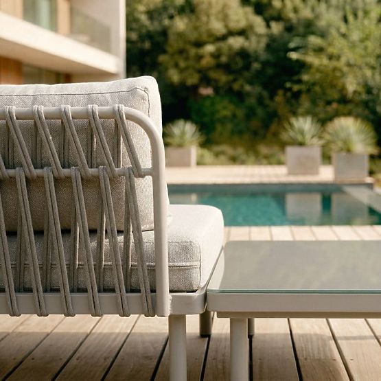 Garten Ecksofa mit Tisch Amarello, Aluminium, geflochten, hellbeige/beigegrau