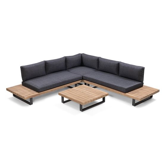 Garten-Ecksofa mit Tisch Borgo, Akazienholz FSC, Teak-Optik, grau
