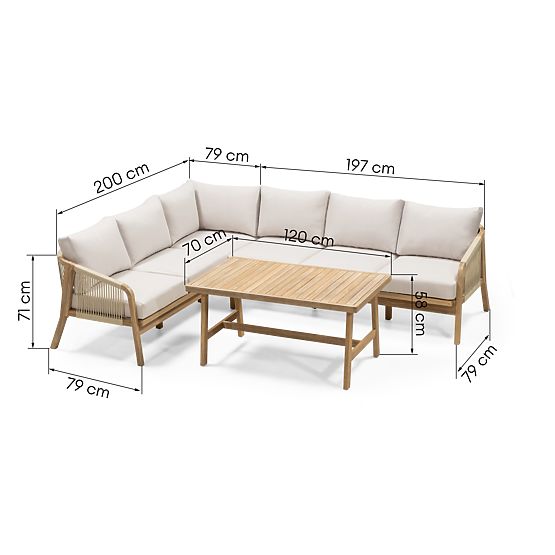 Garten-Ecksofa-Set mit Tisch Castello, Geflecht, Akazienholz FSC, Teakoptik, Beige