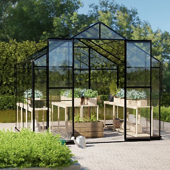 Garten-Gewächshaus ProGlass Classic Compact 7,7 m² mit Fundament, gehärtetes Glas 4 mm, Aluminium