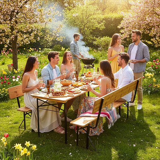 Garten-Set aus Stahl und Holz PORTER 170 cm Tisch + 2 Bänke