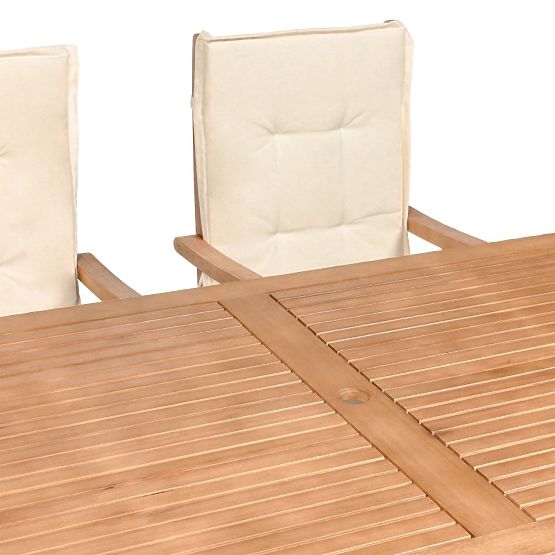 Garten-Set Familis Tisch 160 cm + 4 Stühle mit verstellbaren Rückenlehnen und cremefarbenen Kissen, 