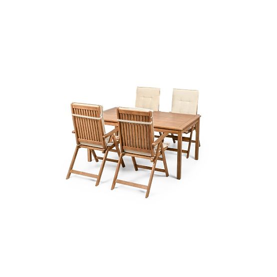 Garten-Set Familis Tisch 160 cm + 4 Stühle mit verstellbaren Rückenlehnen und cremefarbenen Kissen, 