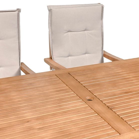 Garten-Set Familis Tisch 160 cm + 4 Stühle mit verstellbaren Rückenlehnen und hellgrauen Kissen