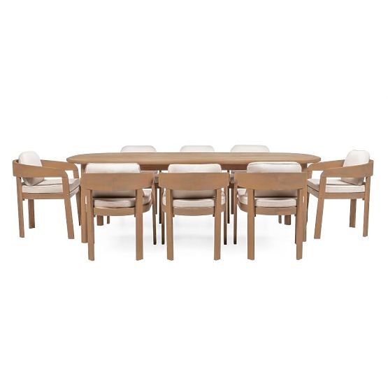 Garten-Set Satori II, Tisch 240 cm + 8 Stühle, Akazienholz FSC, Teak-Optik, beige, abgerundet