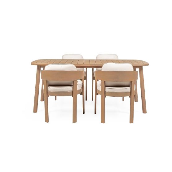 Garten-Set Satori, Tisch 183 cm + 4 Stühle, Akazienholz FSC, Teak-Optik, beige, abgerundet