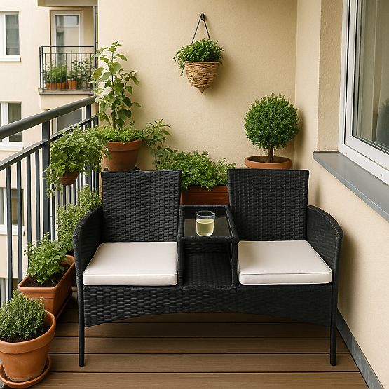 Gartenbank aus Technorattan Sofa CORDOBA schwarz mit beigen Kissen