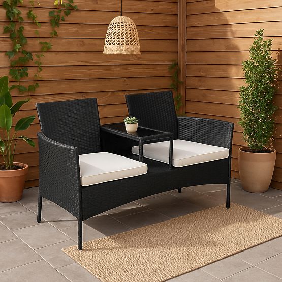 Gartenbank aus Technorattan Sofa CORDOBA schwarz mit beigen Kissen