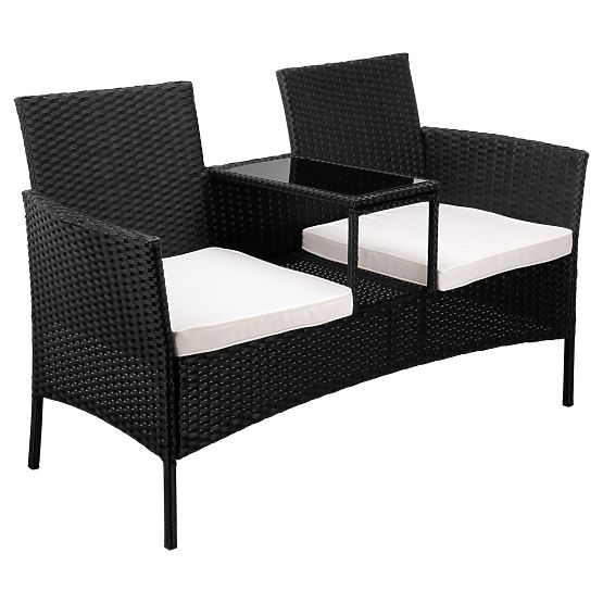 Gartenbank aus Technorattan Sofa CORDOBA schwarz mit beigen Kissen