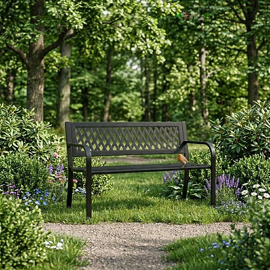 Gartenbank mit Gitterrückenlehne 120x50 cm Metall Park Schwarz MultiGarden