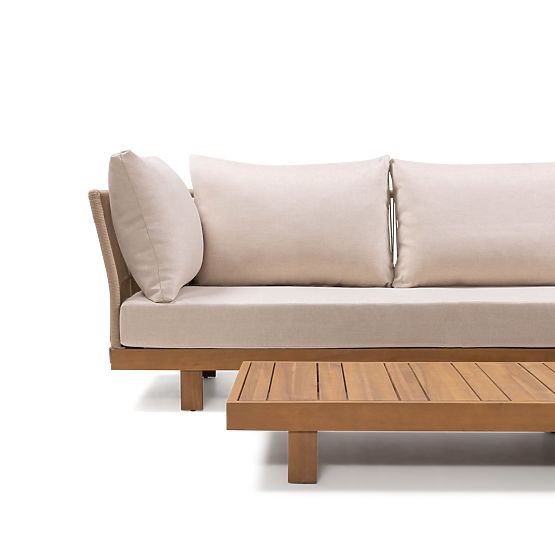 Gartenecksofa mit Tisch Borgetto, Geflecht, Akazienholz FSC, Teakoptik, hell