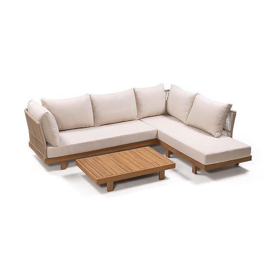 Gartenecksofa mit Tisch Borgetto, Geflecht, Akazienholz FSC, Teakoptik, hell