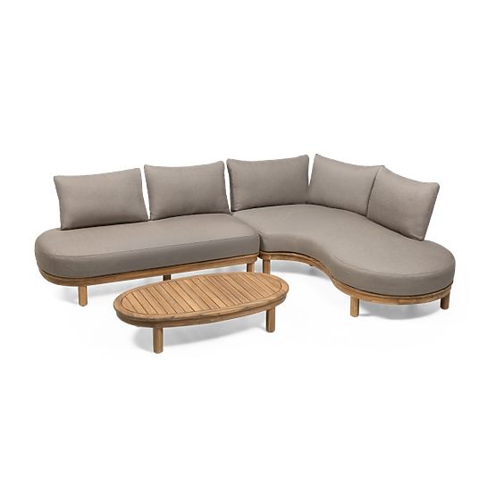 Gartenecksofa mit Tisch Summerland, Akazienholz, Teak-Optik, braungrau, abgerundete Form
