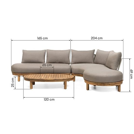 Gartenecksofa mit Tisch Summerland, Akazienholz, Teak-Optik, braungrau, abgerundete Form