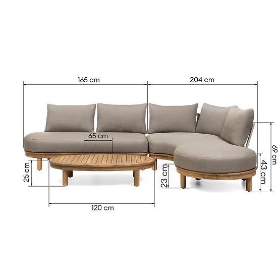 Gartenecksofa mit Tisch Summerland, Akazienholz, Teak-Optik, braungrau, abgerundete Form