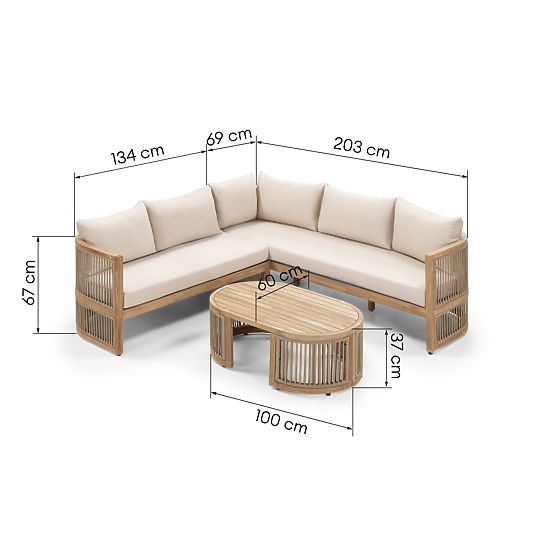 Gartenecksofa-Set mit Tisch Vetralla, Geflecht, Akazienholz FSC, Teak-Optik, hellbeige
