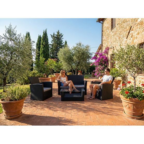 Gartenmöbel aus Technorattan (Sofa 123cm, 2 x Sessel + Tisch) UNICO schwarz