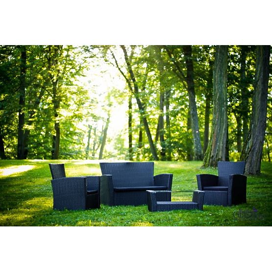 Gartenmöbel aus Technorattan (Sofa 123cm, 2 x Sessel + Tisch) UNICO schwarz