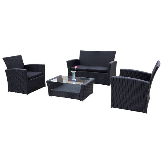 Gartenmöbel aus Technorattan (Sofa 123cm, 2 x Sessel + Tisch) UNICO schwarz