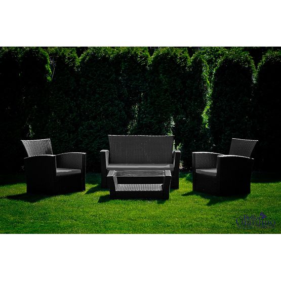 Gartenmöbel aus Technorattan (Sofa 123cm, 2 x Sessel + Tisch) UNICO schwarz