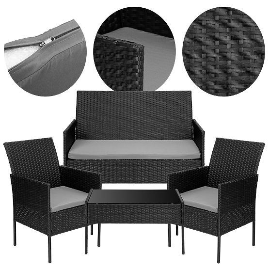 Gartenmöbel-Set aus Technorattan MAGNOLIA schwarz mit grauen Kissen