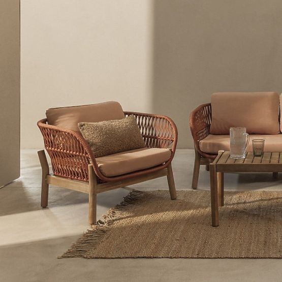 Gartenmöbel-Set Fiorentino Teak-Optik, Geflecht, helles Akazienholz FSC, Terrakotta, abgerundet
