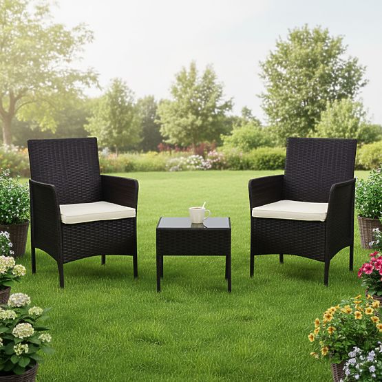 Gartenmöbelset 2 Sessel + Tisch gehärtetes Glas schwarz MultiGarden