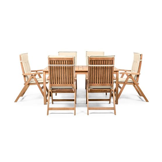 Gartenset Familis Tisch 160 cm + 6 Stühle mit verstellbaren Rückenlehnen und cremefarbenen Kissen, H