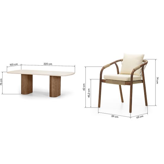 Gartenset Rovigo Tisch mit Steinplatte 220 cm und 4 Stühle mit geflochtenem Seil, dunkles Holz