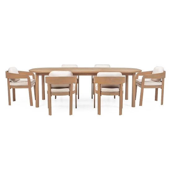 Gartenset Satori II, Tisch 240 cm + 6 Stühle, Akazienholz FSC, Teak-Optik, beige, abgerundet