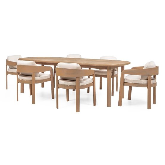 Gartenset Satori II, Tisch 240 cm + 6 Stühle, Akazienholz FSC, Teak-Optik, beige, abgerundet