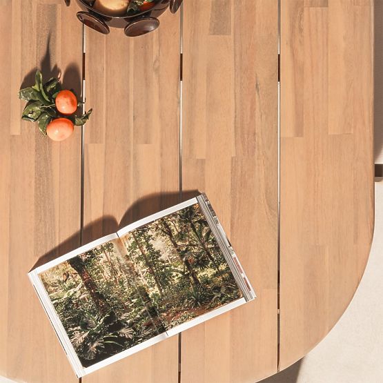 Gartenset Satori II, Tisch 240 cm + 6 Stühle, Akazienholz FSC, Teak-Optik, beige, abgerundet