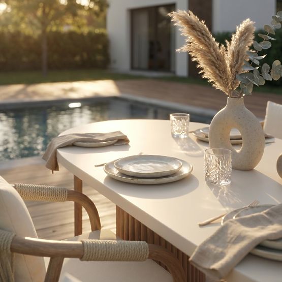 Gartentisch Komorebi 270 cm mit Steinplatte, helles Akazienholz/hellbeige, oval, Lamellen