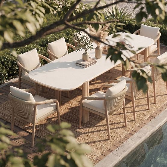 Gartentisch Komorebi 280 cm mit Steinplatte, helles Akazienholz/hellbeige, rechteckig