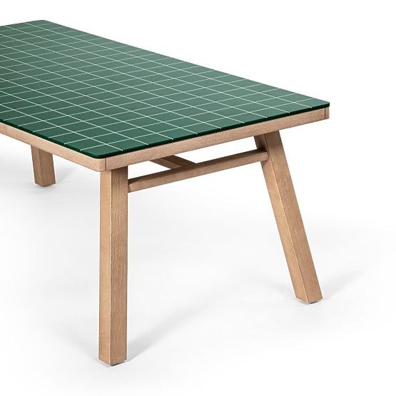 Gartentisch Wabi 200 cm mit Steinplatte, helles Akazienholz/grün, rechteckig