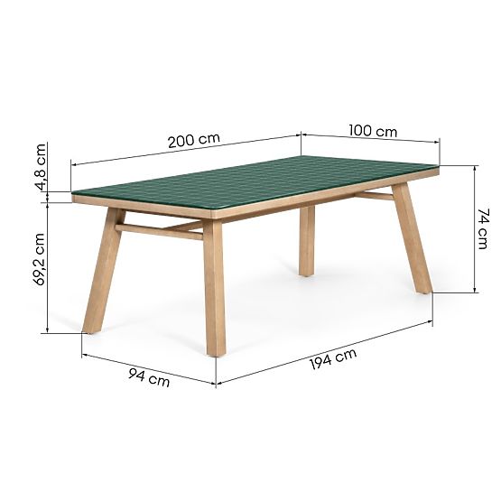Gartentisch Wabi 200 cm mit Steinplatte, helles Akazienholz/grün, rechteckig