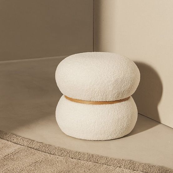 Gepolsterter Pouf Muss, rund, weiß, Bouclé