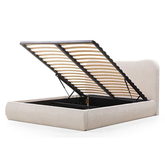 Gepolstertes Bett Derry 140x200 cm, mit Lattenrost und Stauraum, abgerundet, beige