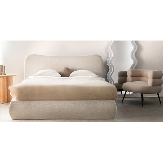 Gepolstertes Bett Derry 160x200 cm, mit Lattenrost und Stauraum, abgerundet, beige