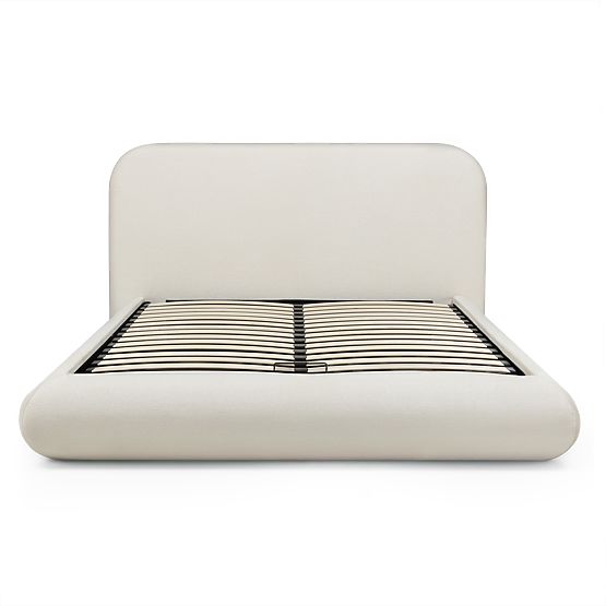 Gepolstertes Bett Lumi 160x200 cm, mit Lattenrost und Stauraum, abgerundet, hellbeige