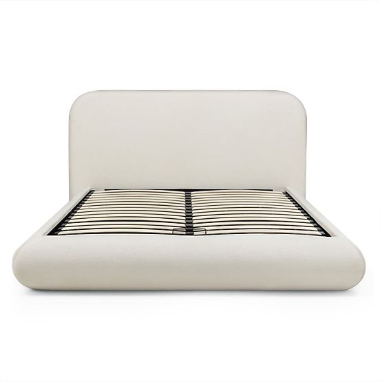 Gepolstertes Bett Lumi 160x200 cm, mit Lattenrost und Stauraum, abgerundet, hellbeige