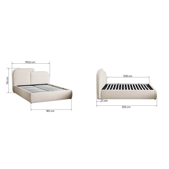 Gepolstertes Bett Nestia 160x200 cm, mit Lattenrost und Stauraum, hellbeige, abgerundet