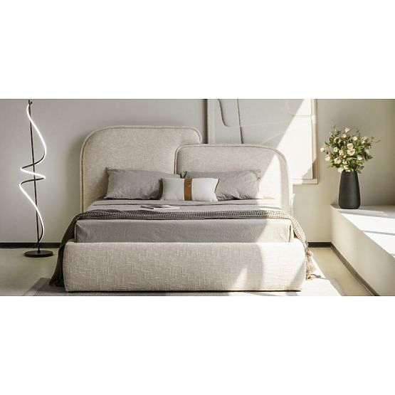 Gepolstertes Bett Nestia 160x200 cm, mit Lattenrost und Stauraum, hellbeige, abgerundet