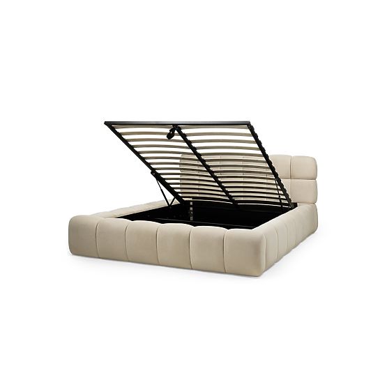 Gepolstertes Bett Nexo 160x200 cm, mit Lattenrost und Stauraum, hellbeige, abgerundete Formen