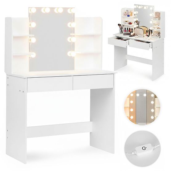 Großer Kosmetiktisch mit Spiegel und LED-Beleuchtung 3 Farben Regale Schubladen ModernHome
