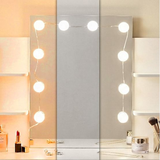 Großer Kosmetiktisch mit Spiegel und LED-Beleuchtung 3 Farben Regale Schubladen ModernHome
