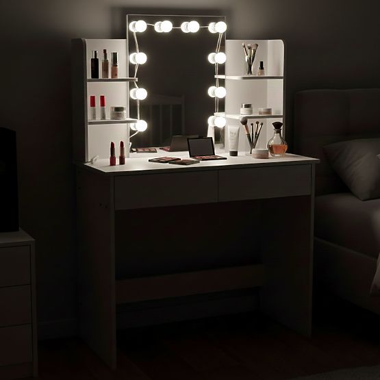 Großer Kosmetiktisch mit Spiegel und LED-Beleuchtung 3 Farben Regale Schubladen ModernHome