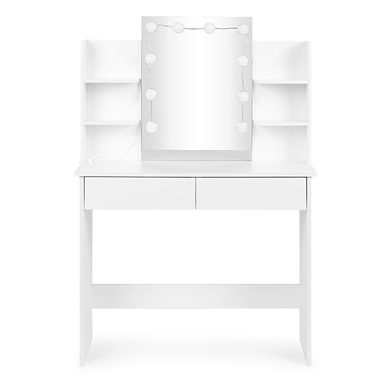 Großer Kosmetiktisch mit Spiegel und LED-Beleuchtung 3 Farben Regale Schubladen ModernHome