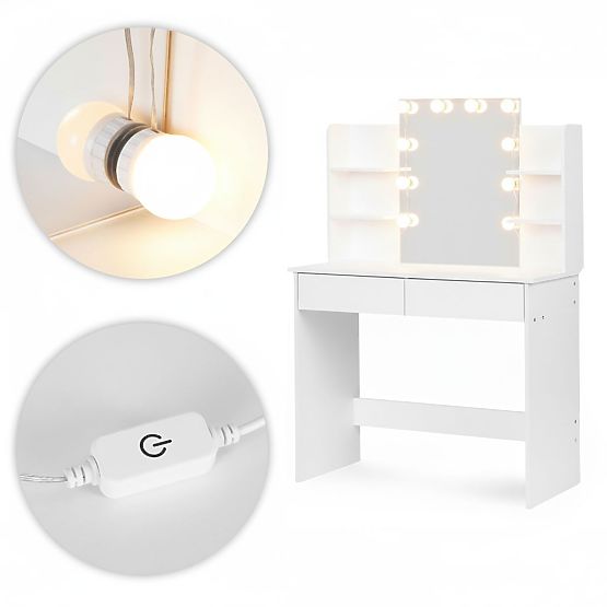 Großer Kosmetiktisch mit Spiegel und LED-Beleuchtung 3 Farben Regale Schubladen ModernHome